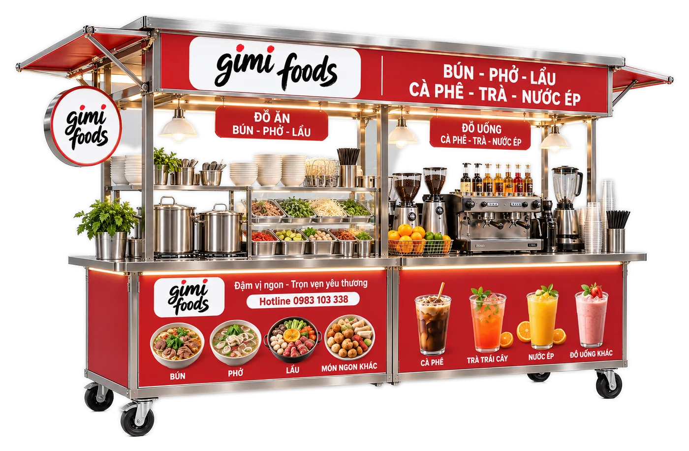 Xe quầy GIMI dài 3 m, khu đồ ăn bên trái, khu đồ uống bên phải, mái che hai đầu